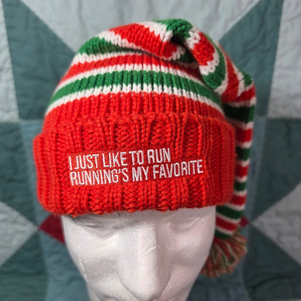 Gone For A Run Running's‎ My Favorite Elf Hat Christmas Beanie Red Green Striped